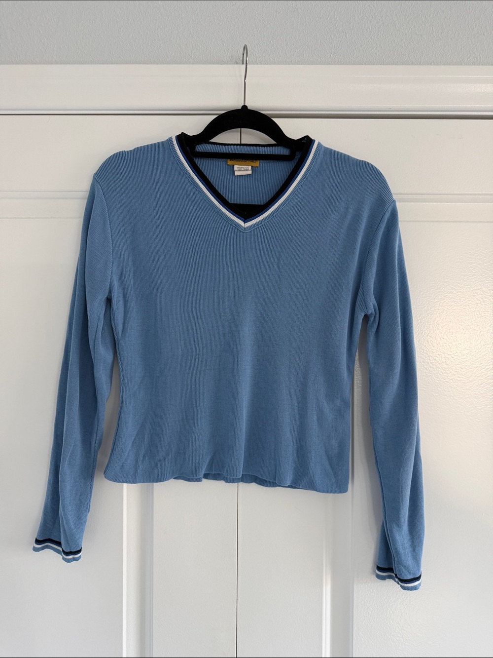 Vintage Retro Blue Asphalt Sky Blue V-Neck Sweater Contrast Navy Trim Large